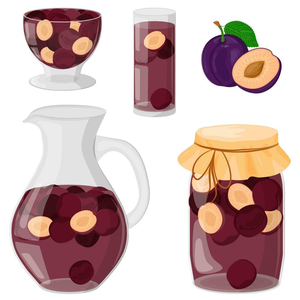 prune compote dans une verre carafe, verre, pot. en buvant de fait maison des fruits. fait maison confiture ou gelée dans une verre bol. le concept de en bonne santé alimentaire. vecteur illustration dans une plat style.