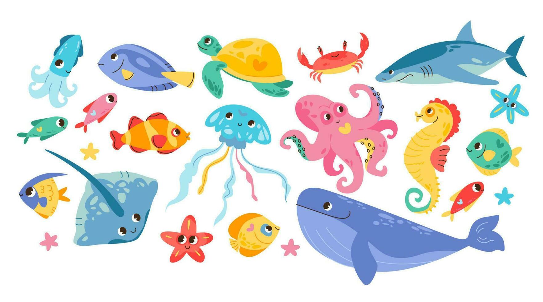 mignonne mer animaux et poisson. dessin animé vecteur personnages avec souriant visages.