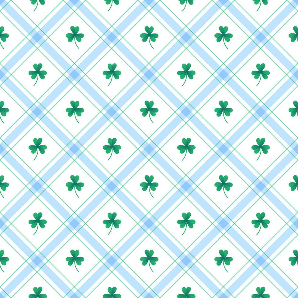 mignonne trèfle chanceux irlandais feuille élément bleu vert diagonale Bande rayé ligne inclinaison à carreaux plaid tartan buffle Scott vichy modèle illustration emballage papier, pique-nique tapis, foulard, nappe de table, vecteur