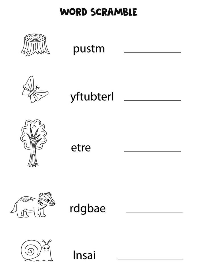 casse-tête pour les enfants. mot brouiller pour les enfants. animaux des bois noirs et blancs. vecteur