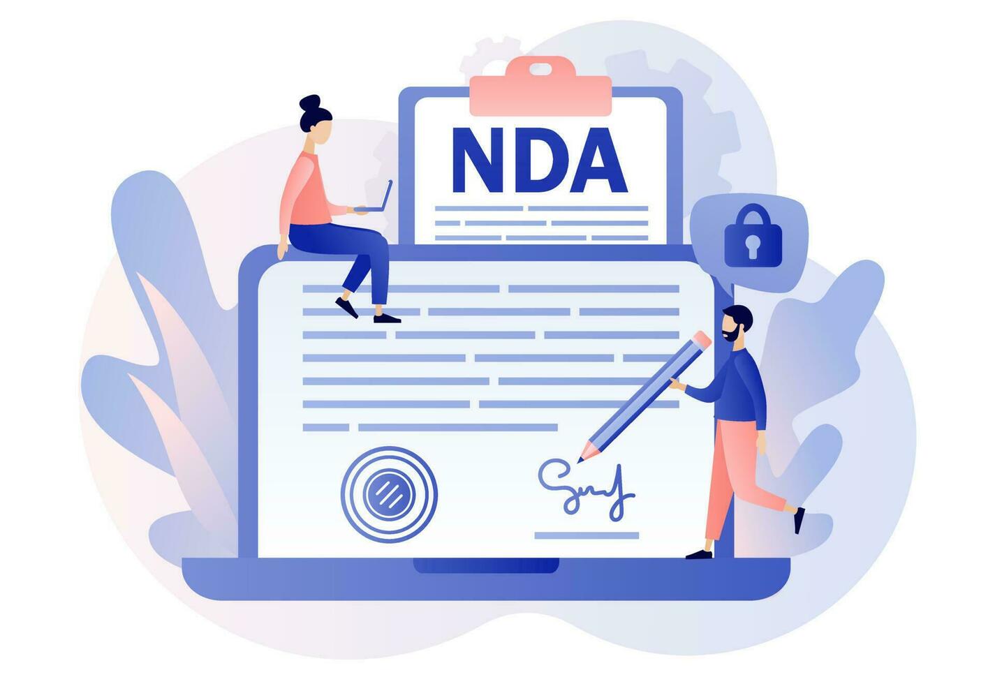 nda contracter. non divulgation accord. minuscule homme signe confidentialité accord document sur portable filtrer. entreprise secret protection. moderne plat dessin animé style. vecteur illustration