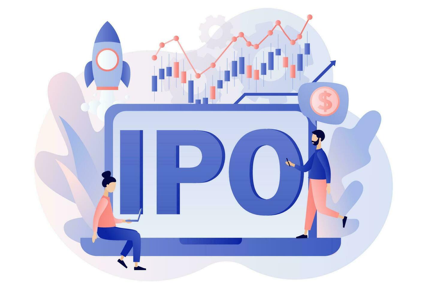 ipo concept. initiale Publique offre. minuscule gens investisseurs investir Stock marché actions en ligne. entreprise croissance. passif revenu. investissement. moderne plat dessin animé style. vecteur illustration