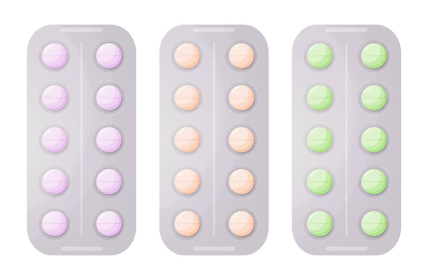 ensemble de mignonne cloque packs pilules. pharmacie coloré emballage. aspirine, anti douleur drogues, antibiotiques, vitamines, ou antidépresseurs. détaillé plat illustration. élégant pilules. vecteur