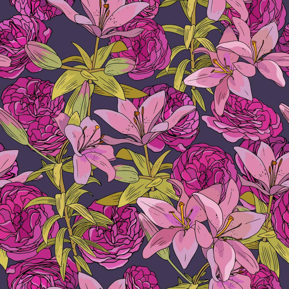 ancien modèle avec violet thé des roses et rose fleurs de lys vecteur