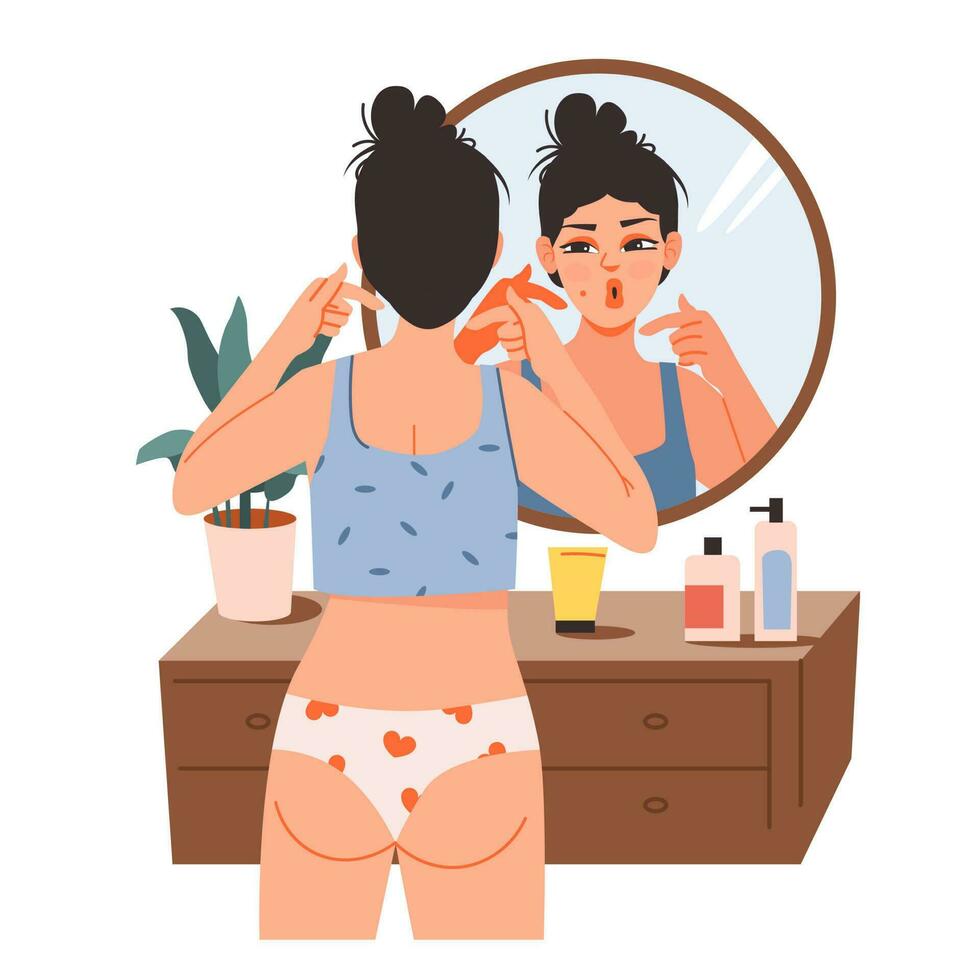 une Jeune femme serre en dehors une bouton à le miroir. fille avec acné. soins auto-administrés à maison. peau se soucier concept. plat dessin animé vecteur illustration.