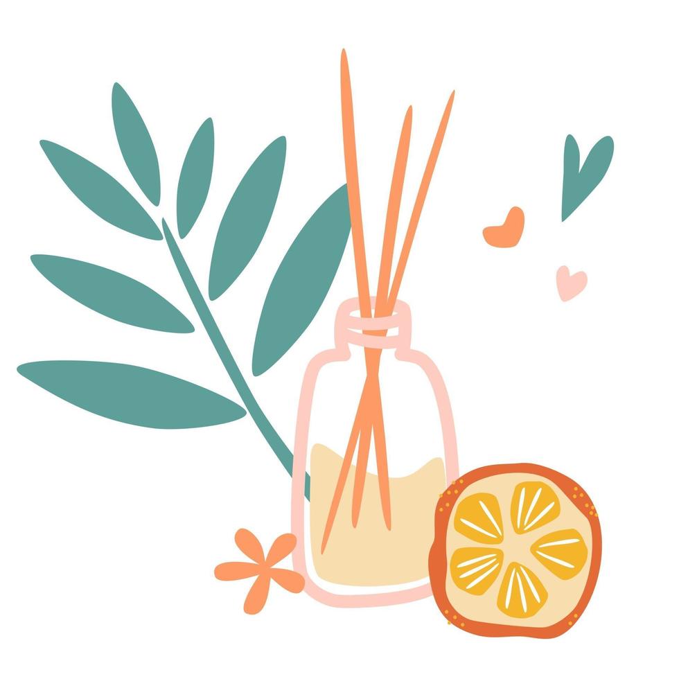 ensemble d'aromathérapie. bâtonnets d'arôme en bois dans un bocal en verre avec une odeur d'orange. L'aromathérapie en bâtonnets essentiels air fragrance. vecteur