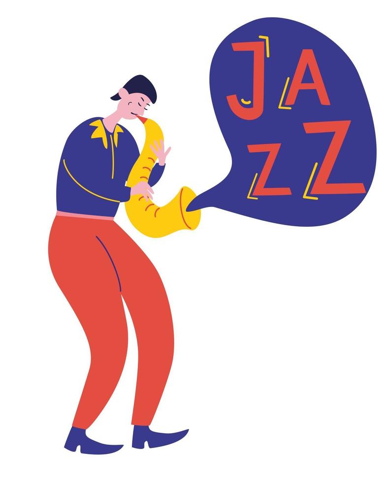 jeune homme joue de la musique jazz saxophone. performance de musicien talentueux. personnage de dessin animé de joueur de saxophone. vecteur