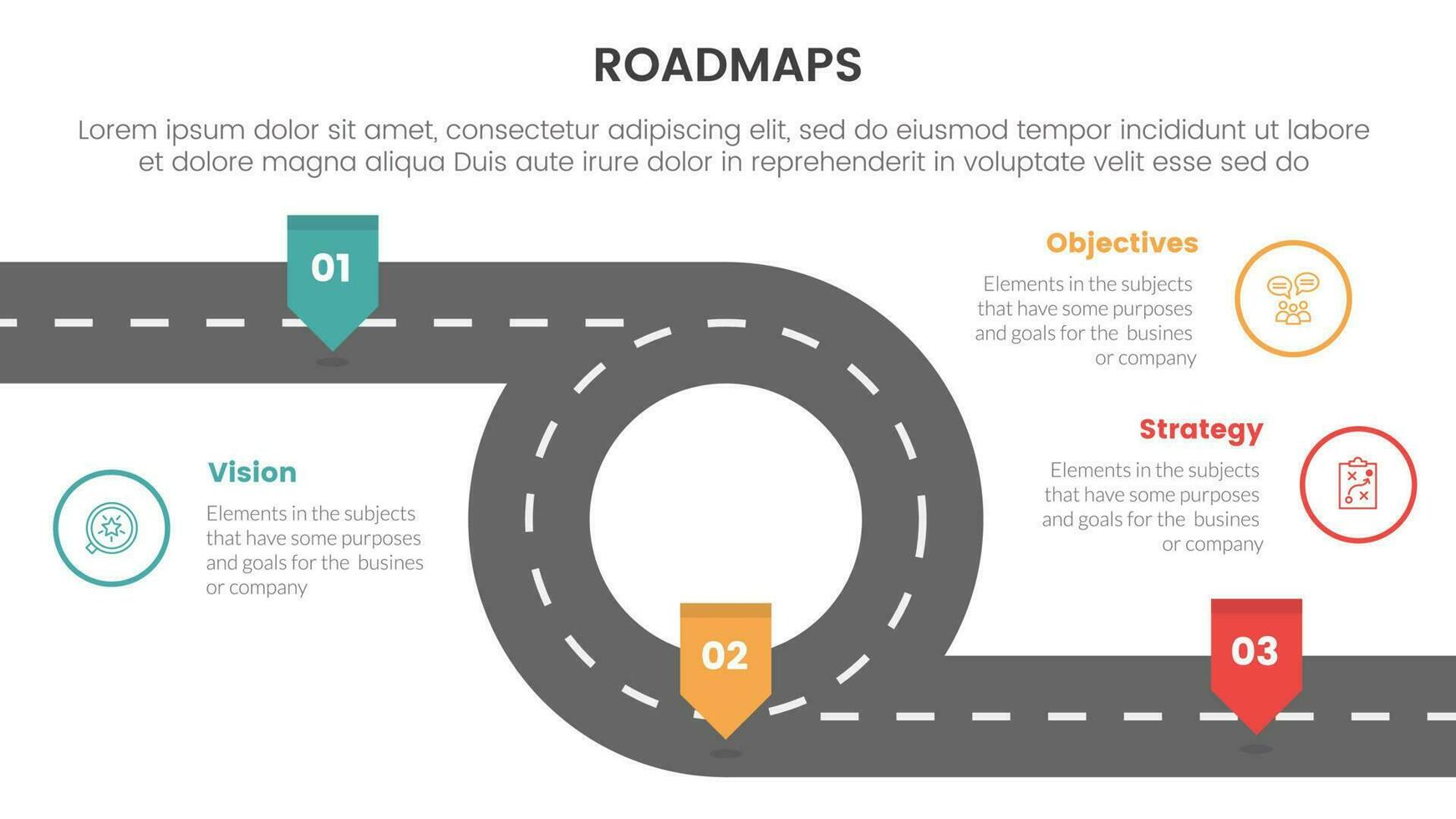 affaires feuilles de route processus cadre infographie 3 étapes avec circulaire infini route et lumière thème concept pour faire glisser présentation vecteur