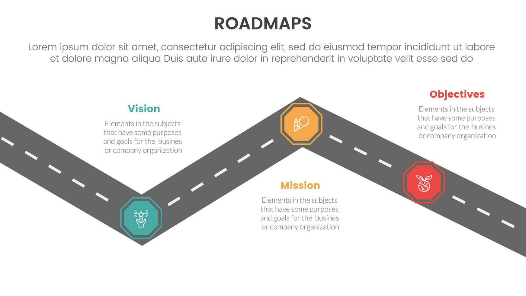 affaires feuilles de route processus cadre infographie 3 étapes avec tournant route et lumière thème concept pour faire glisser présentation vecteur