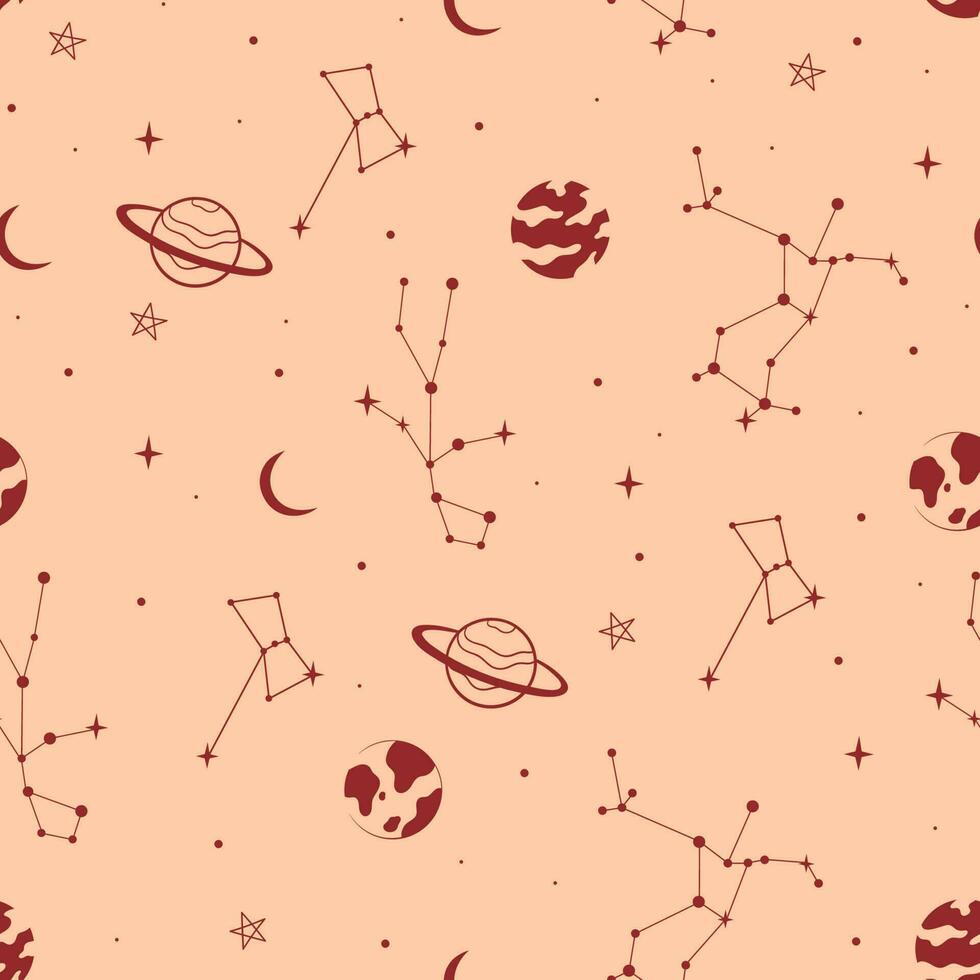 sans couture modèle avec constellations, planètes et les lunes sur une beige Contexte. vecteur graphique.