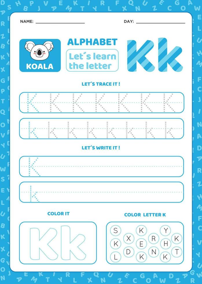 l'écriture entraine toi lettre k. alphabet feuilles de travail gratuit vecteur