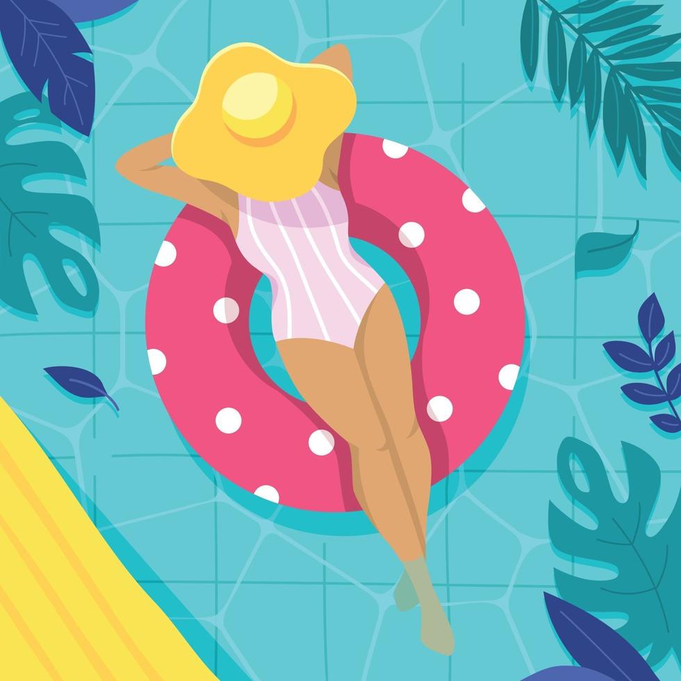 Femme de détente sur un flotteur en caoutchouc dans la piscine vecteur