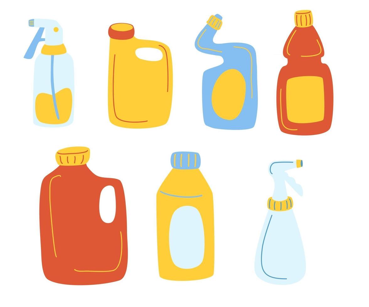 détergents bouteilles vector dessin animé ensemble. produits de nettoyage fournitures de nettoyage pour la maison, le ménage.