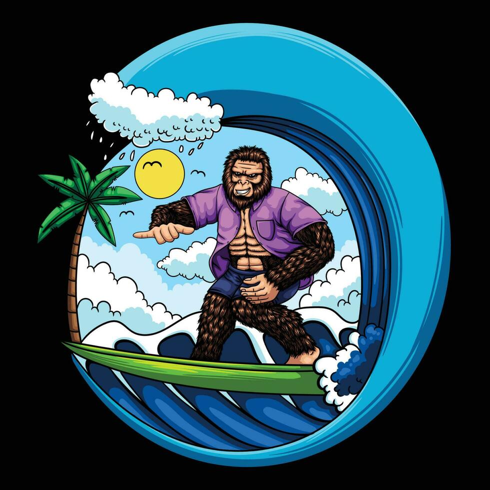 sasquatch surfant avec vagues vecteur illustration