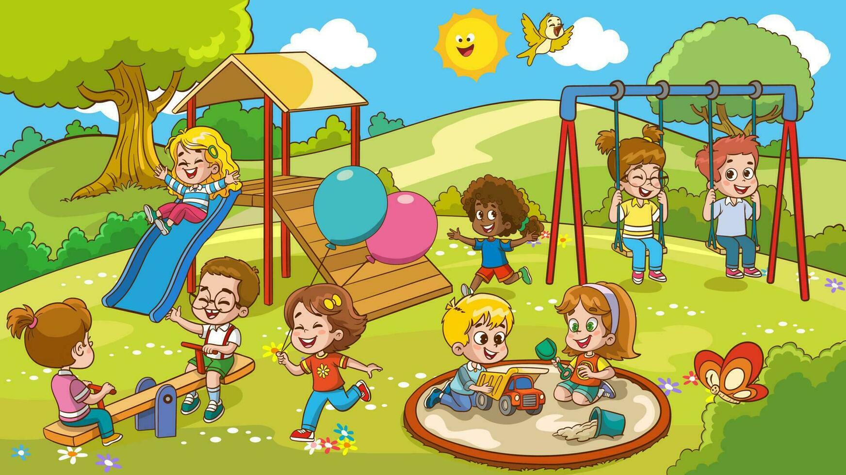 illustration vectorielle d'enfants heureux jouant dans une aire de jeux vecteur