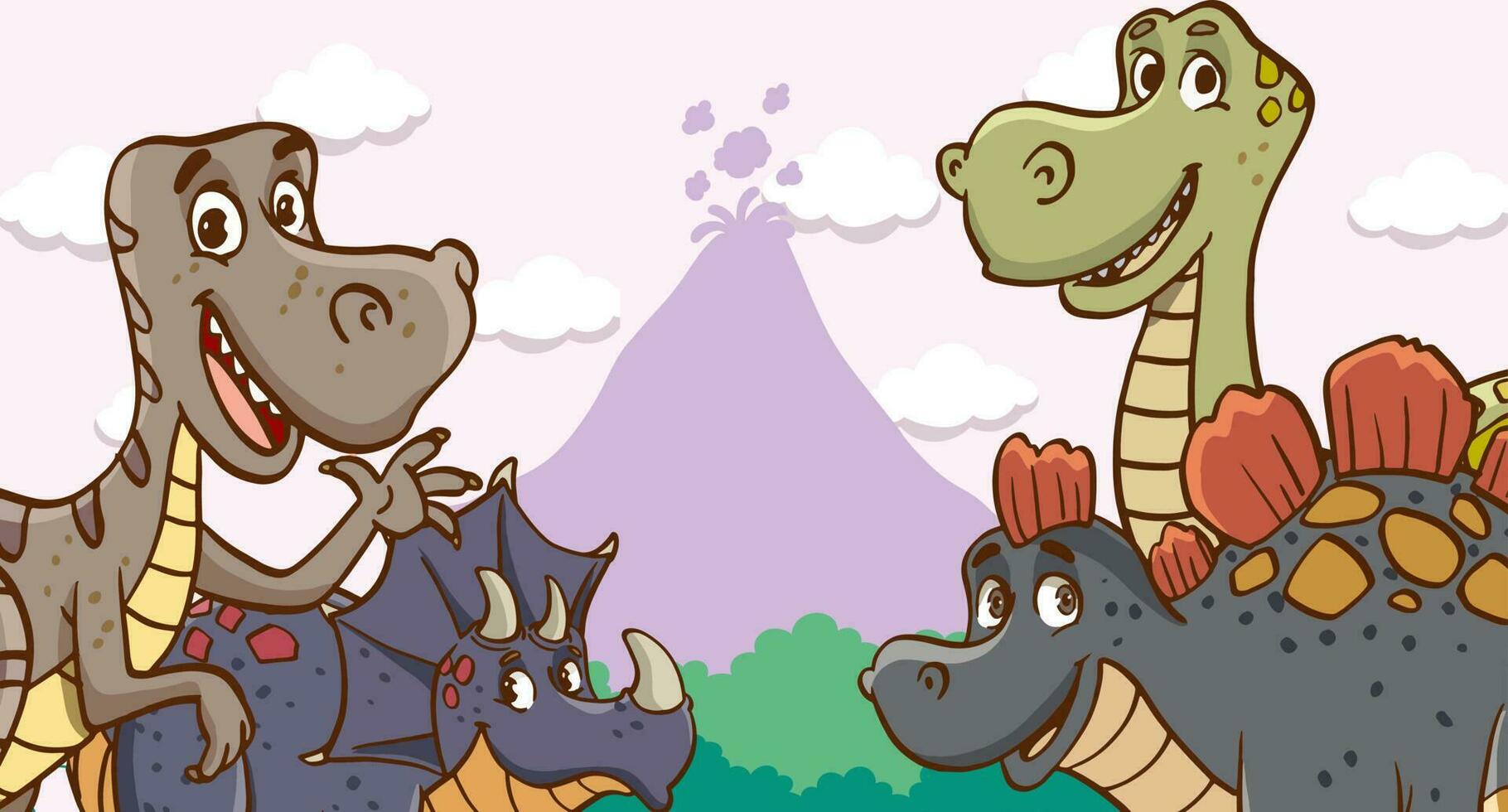 dessin animé content dinosaure et Feu cracher volcanique Montagne dans jungle vecteur