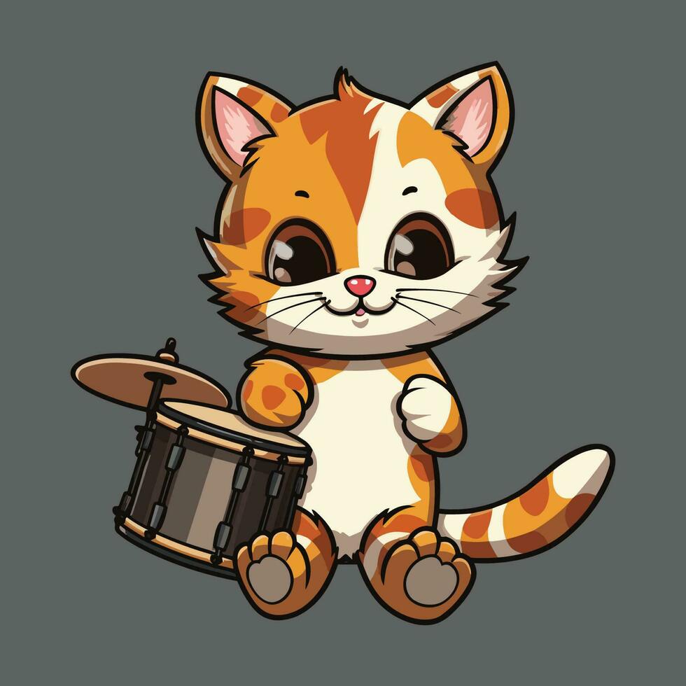 dessin animé mignonne chat en portant tambour en jouant vecteur