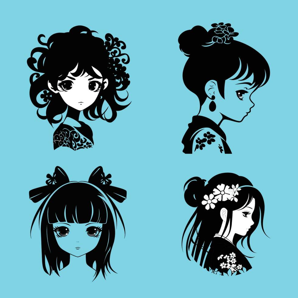 ensemble de quatre Japonais fille anime visage dans noir vecteur