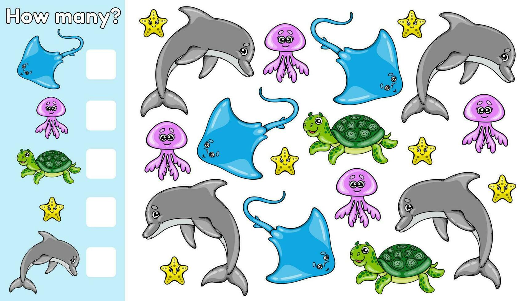 compter Comment beaucoup mer animaux. éducatif math Jeu pour les enfants. tâche pour préscolaire et Jardin d'enfants enfants. activité livre. dessin animé vecteur étoiles de mer, raies pastenagues, dauphins, tortues et méduses.