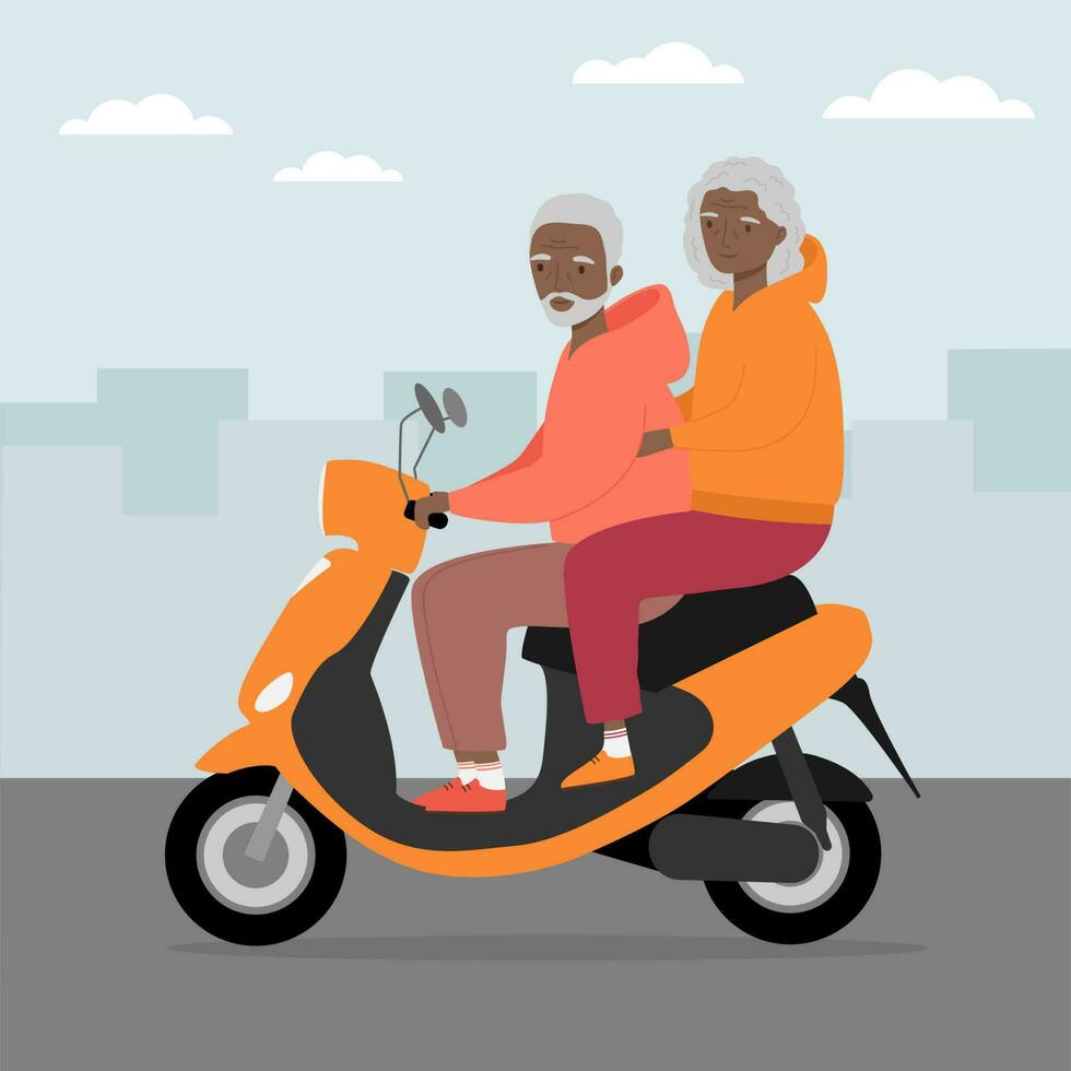 Sénior homme et femme en voyageant sur moderne moteur scooter. vieux homme et femme équitation électrique scooter dans le ville vecteur