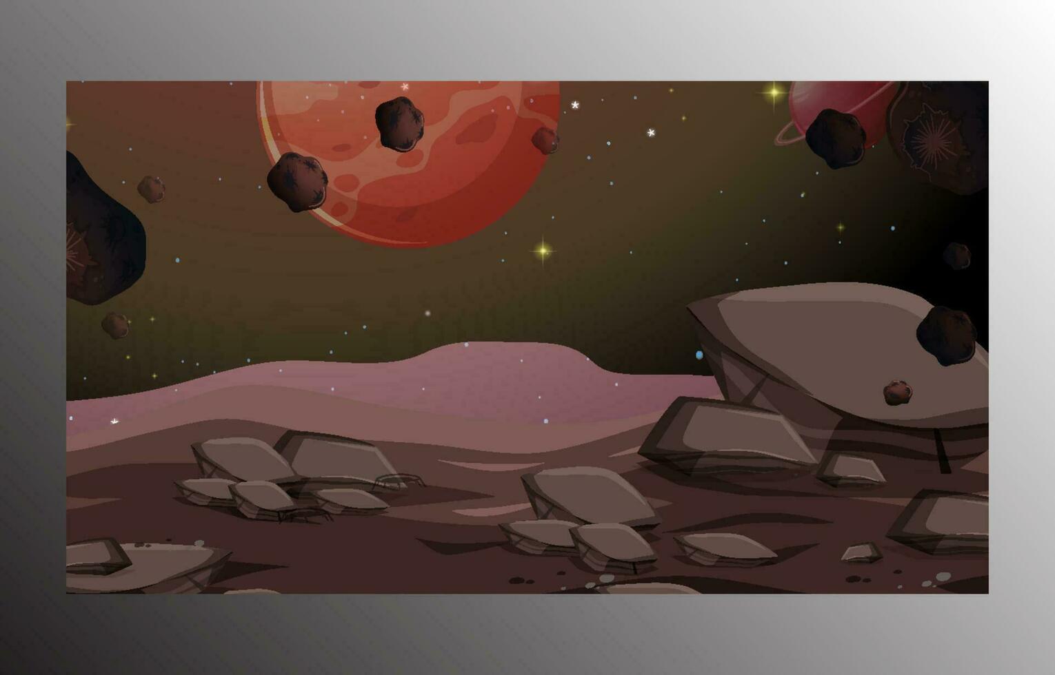 extraterrestre planète surface, futuriste paysage Contexte avec embrasé lune ou Satellite au dessus Roche falaise dans foncé étoilé ciel. fantaisie montagnes, livre ou ordinateur Jeu scène, dessin animé vecteur illustration