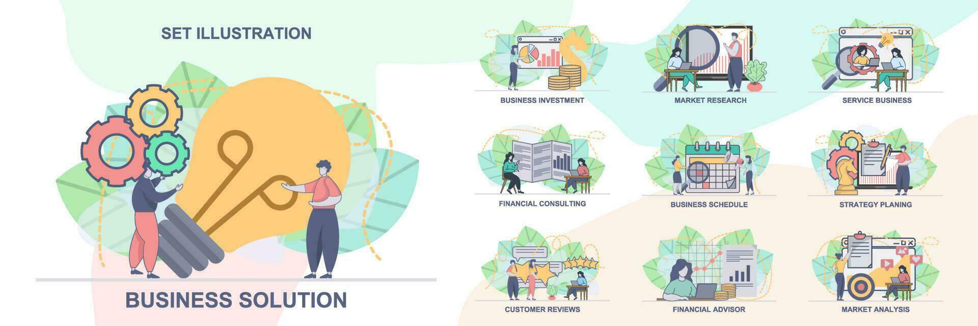 ensemble de la toile page conception modèles pour affaires gestion, financier conseiller. affaires solution, financier consultant la toile page composition avec gens personnages. moderne vecteur illustration concepts