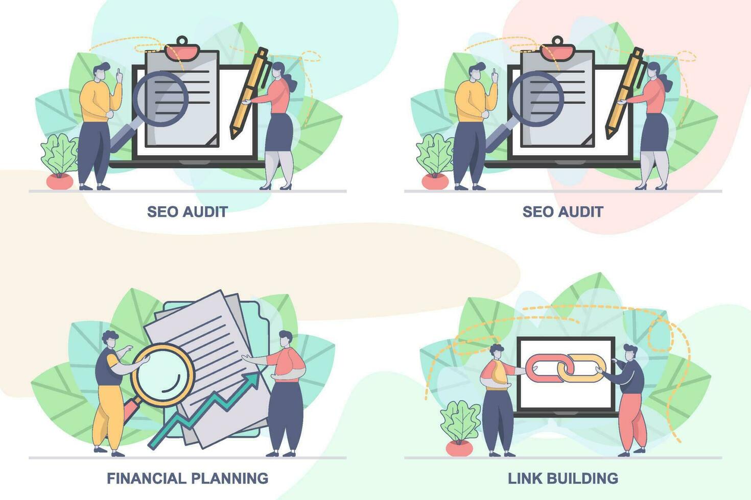 ensemble de conception modèles pour seo affaires composition avec gens personnages. moderne vecteur illustration concepts. parfait pour la toile conception, bannière, mobile application, atterrissage page.