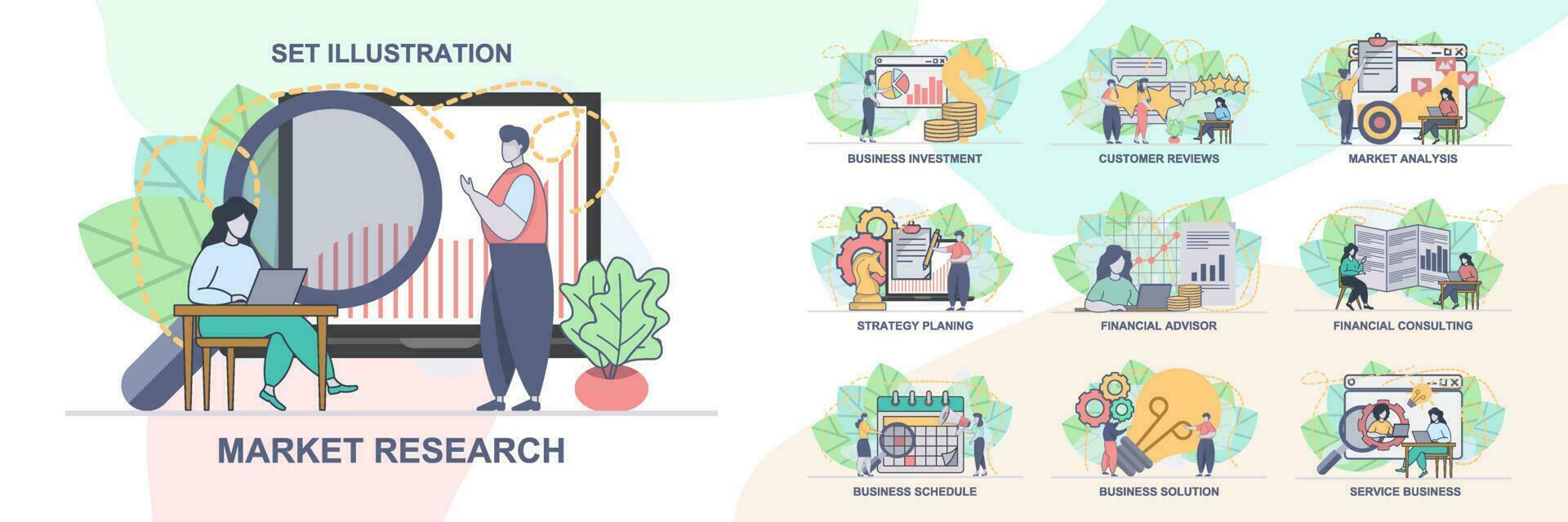 ensemble de la toile page conception modèles pour affaires gestion, marché recherche. affaires calendrier, marché une analyse la toile page composition avec gens personnages. moderne vecteur illustration concepts