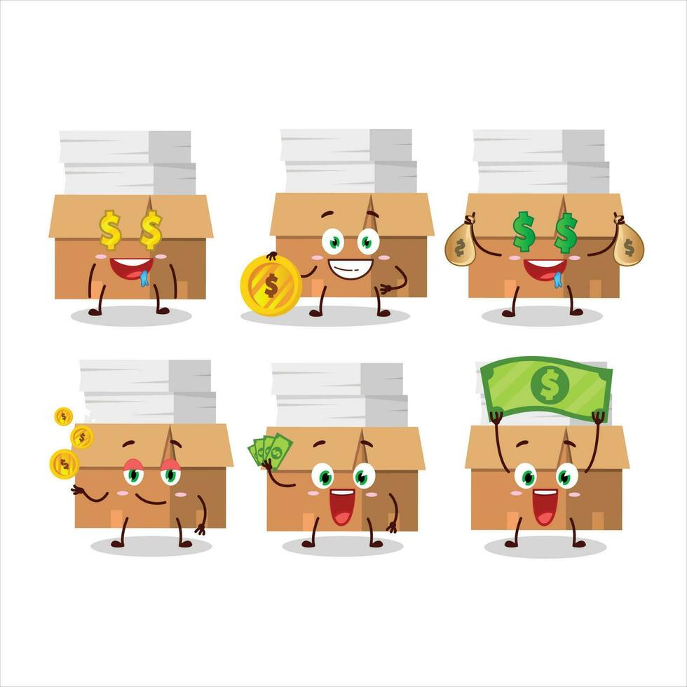 Bureau des boites avec papier dessin animé personnage avec mignonne émoticône apporter argent vecteur