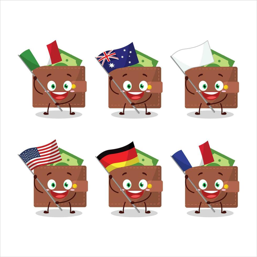 marron portefeuille dessin animé personnage apporter le drapeaux de divers des pays vecteur