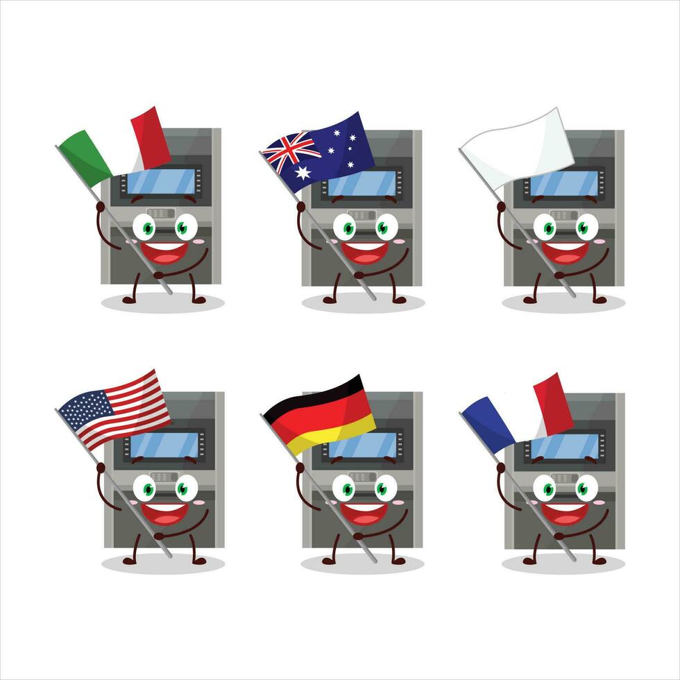 au m machine dessin animé personnage apporter le drapeaux de divers des pays vecteur