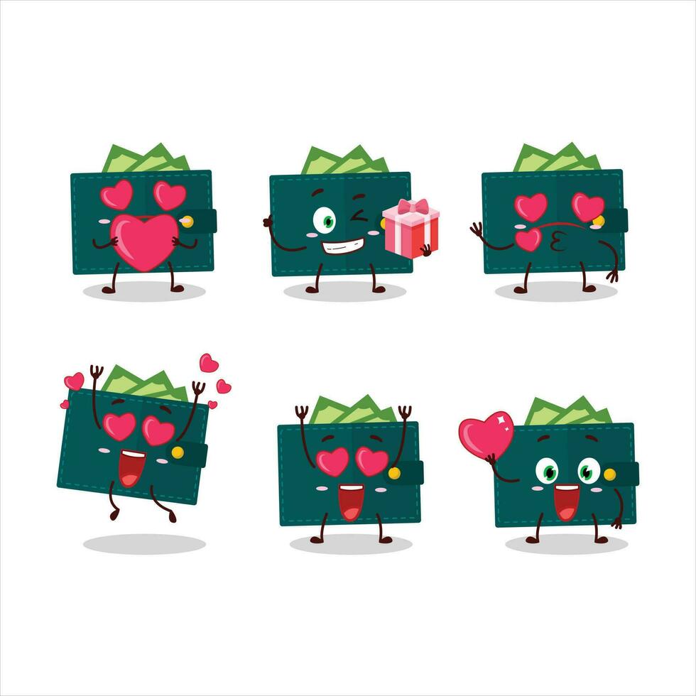 vert portefeuille dessin animé personnage avec l'amour mignonne émoticône vecteur