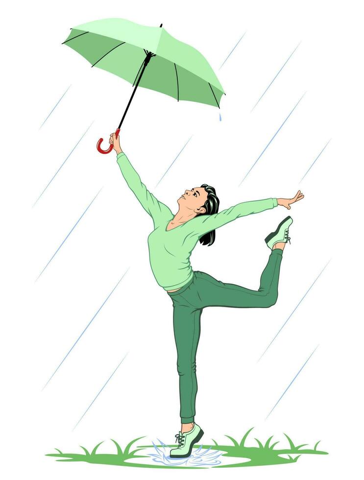 fille avec parapluie dansant dans le printemps pluie. réaliste vecteur dessin.