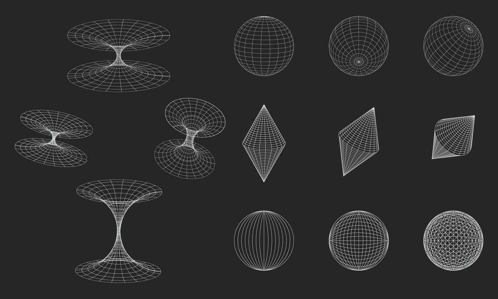 3d géométrie filaire formes et grilles sur blanc couleur. rétro futuriste conception éléments. cyberpunk éléments dans branché psychédélique délirer style vecteur