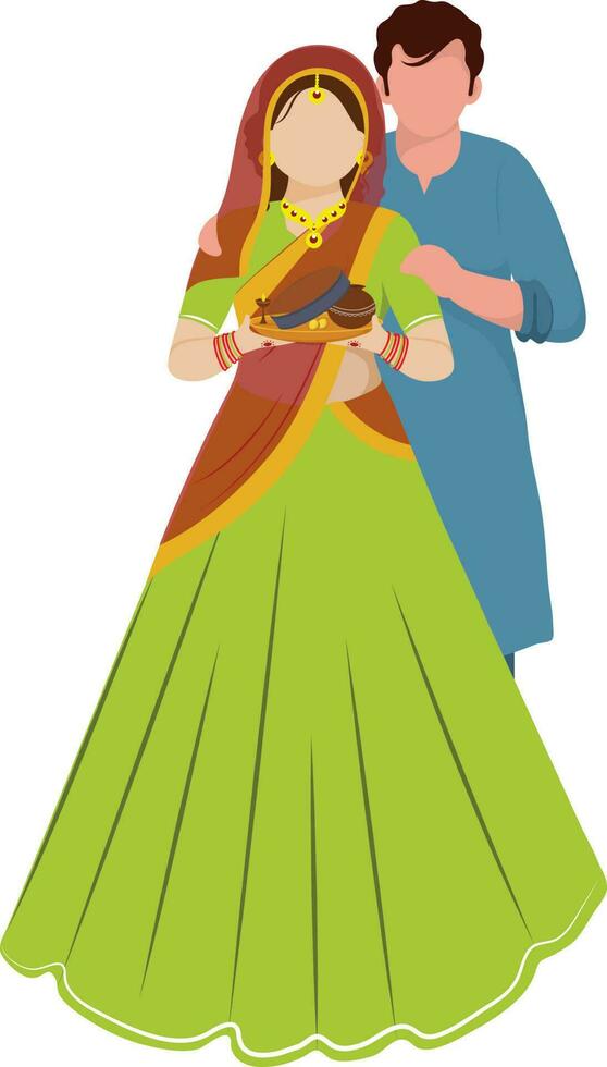 sans visage Indien femme en portant culte assiette avec sa mari sur le occasion de hindou Festival Karwa chauth concept. vecteur