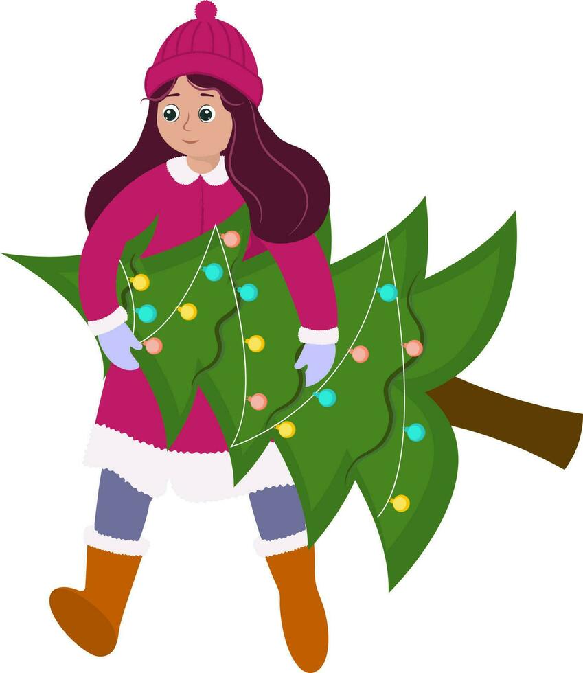 personnage de Jeune fille porter le Noël arbre dans de laine vêtements. vecteur