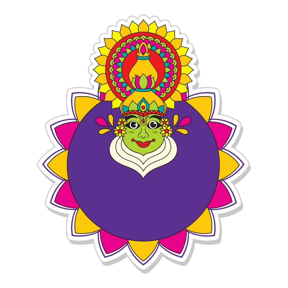 autocollant style Kathakali Danseur visage avec vide mandala Cadre sur blanc Contexte. vecteur