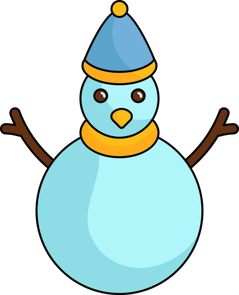 Jaune et bleu chapeau portant mignonne bonhomme de neige plat icône. vecteur