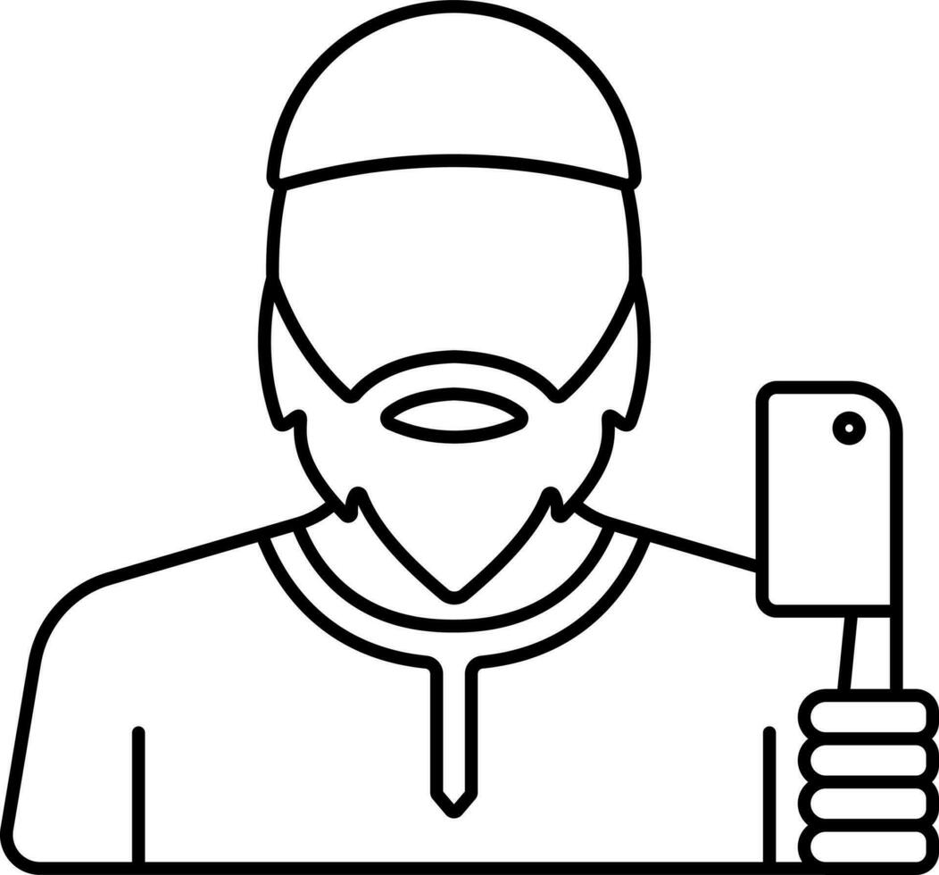 dessin animé musulman homme en portant couteau noir contour icône. vecteur