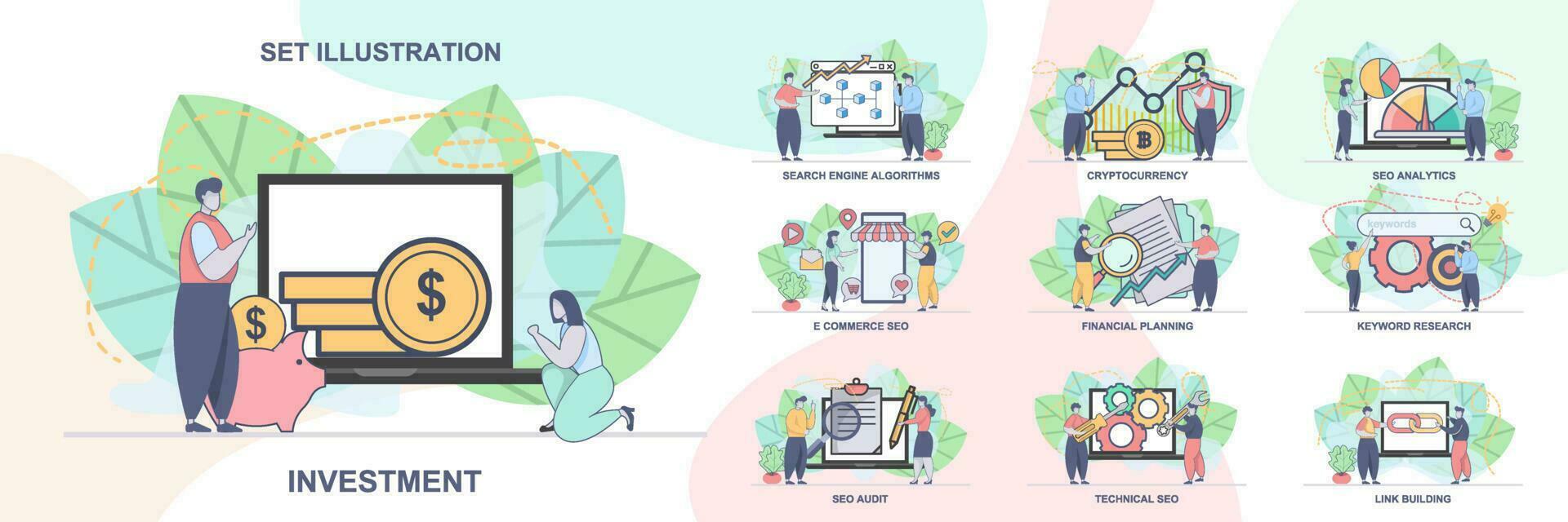 ensemble de la toile page conception modèles pour seo entreprise, seo analytique. technique référencement, seo Audit la toile page composition avec gens personnages. moderne vecteur illustration concepts