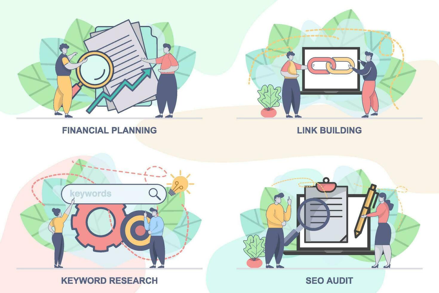 ensemble de conception modèles pour seo affaires composition avec gens personnages. moderne vecteur illustration concepts. parfait pour la toile conception, bannière, mobile application, atterrissage page.