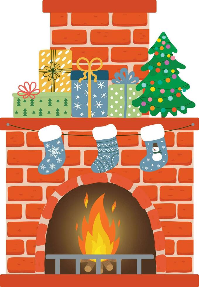 rouge brique cheminée avec chaussettes, Noël arbre et cadeaux . vecteur