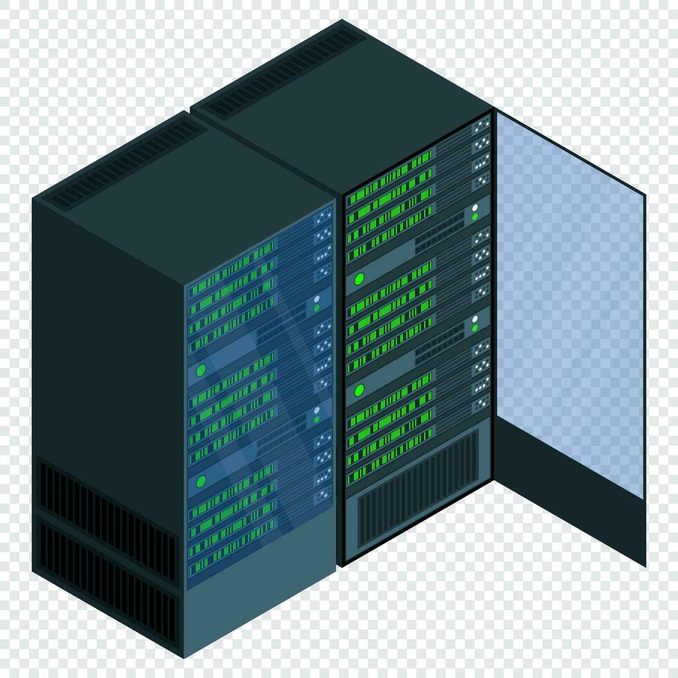 isométrique serveur. réseau serveur chambre. 3d ordinateur équipement. espace de rangement base de données. isométrique technologie. vecteur illustration