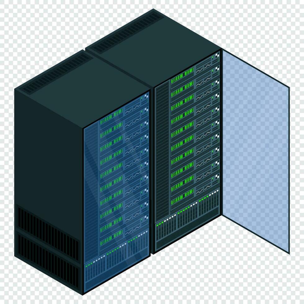 isométrique serveur. réseau serveur chambre. 3d ordinateur équipement. espace de rangement base de données. isométrique technologie. vecteur illustration