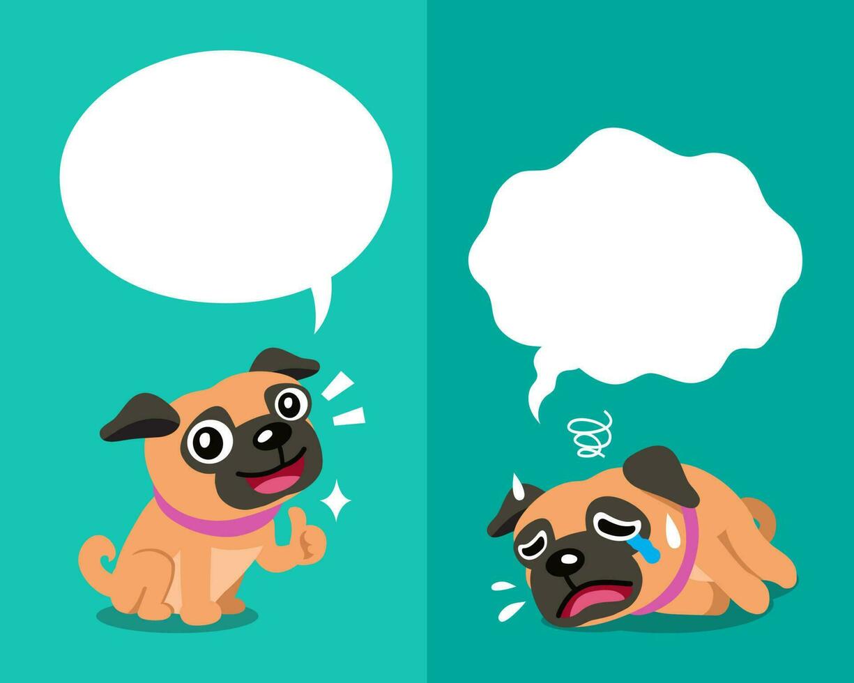 vecteur dessin animé personnage carlin chien exprimer différent émotions avec discours bulles