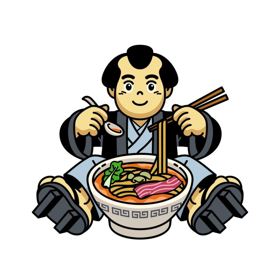 Japonais traditionnel habillé homme en mangeant ramen nouille vecteur