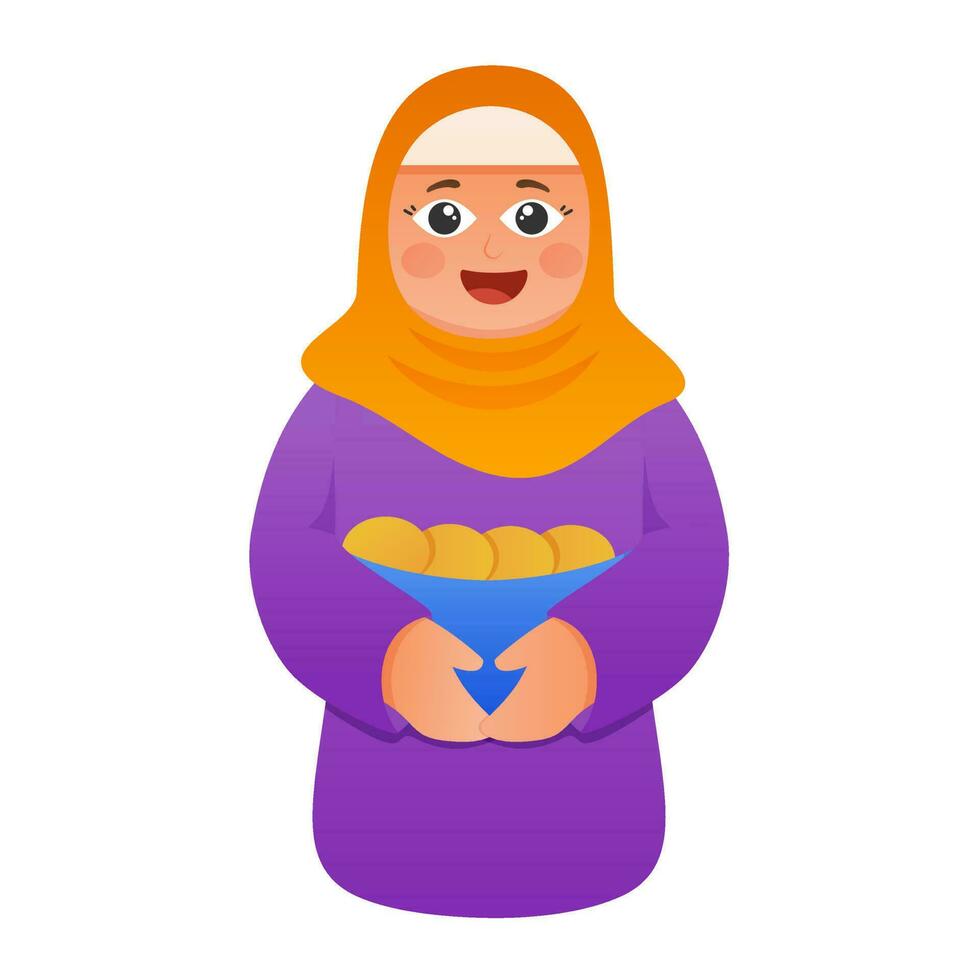 islamique Jeune femme en portant bol de nourriture sur blanc Contexte. vecteur