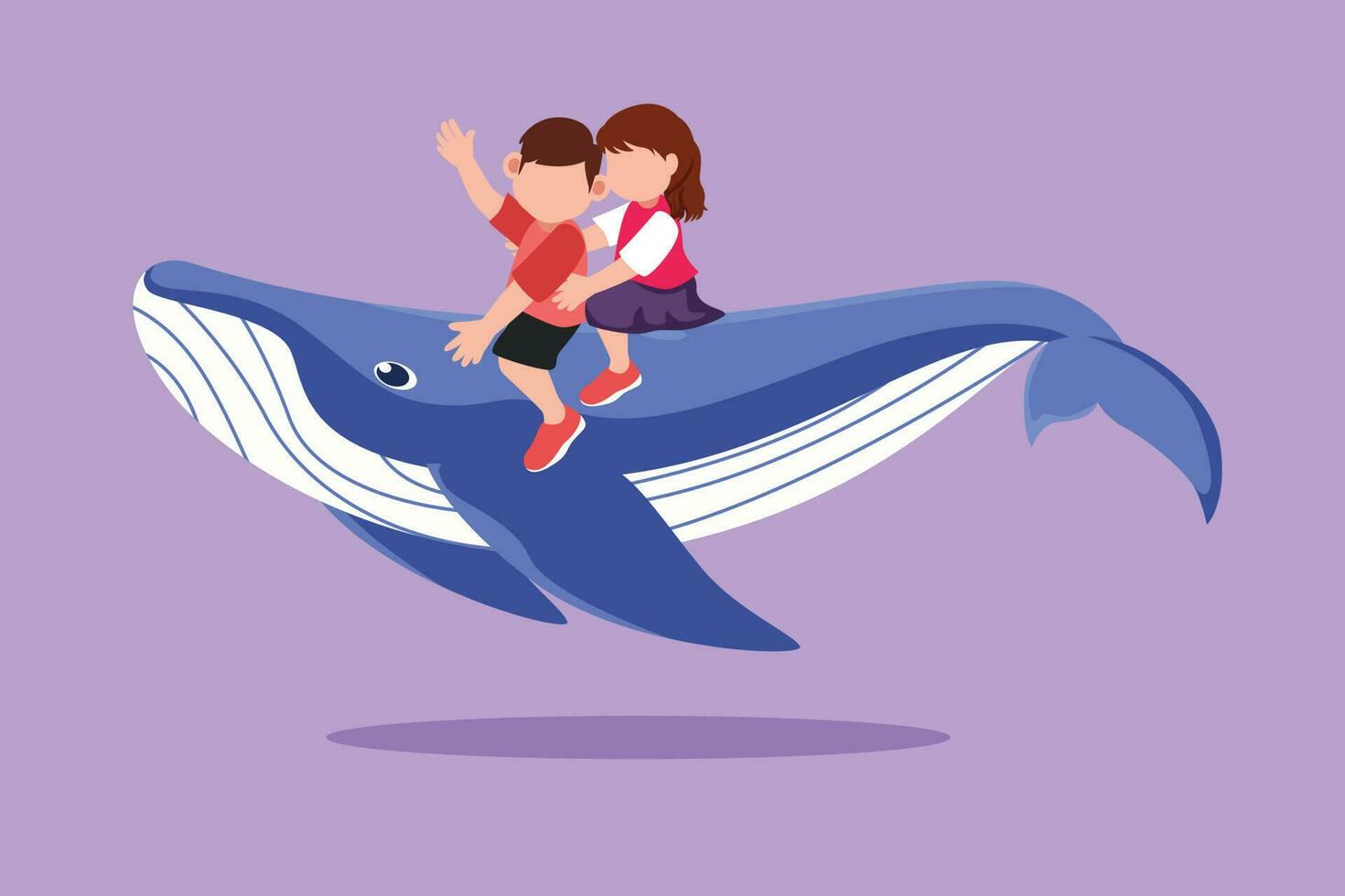 graphique plat conception dessin courageux peu garçon et fille équitation bleu baleine ensemble. mignonne des gamins séance sur retour de baleine. de bonne humeur les enfants sur retour de grand bleu baleine. dessin animé style vecteur illustration