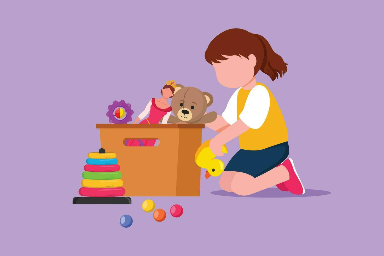 dessin animé plat style dessin jolie peu fille en mettant sa jouets dans boîte. actif des gamins Faire travaux ménagers corvées à Accueil concept. souriant enfant stockage sa jouets dans boîte. graphique conception vecteur illustration