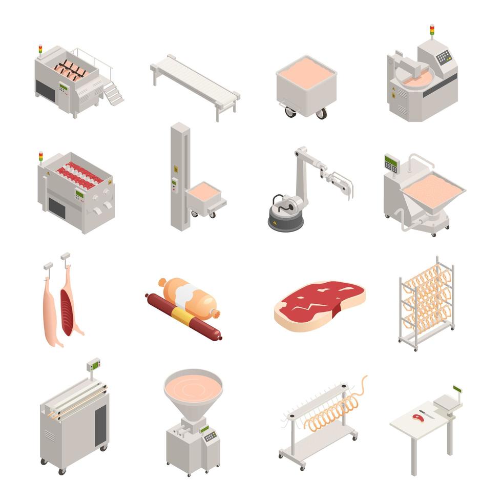 icônes isométriques d & # 39; usine de saucisse vector illustration